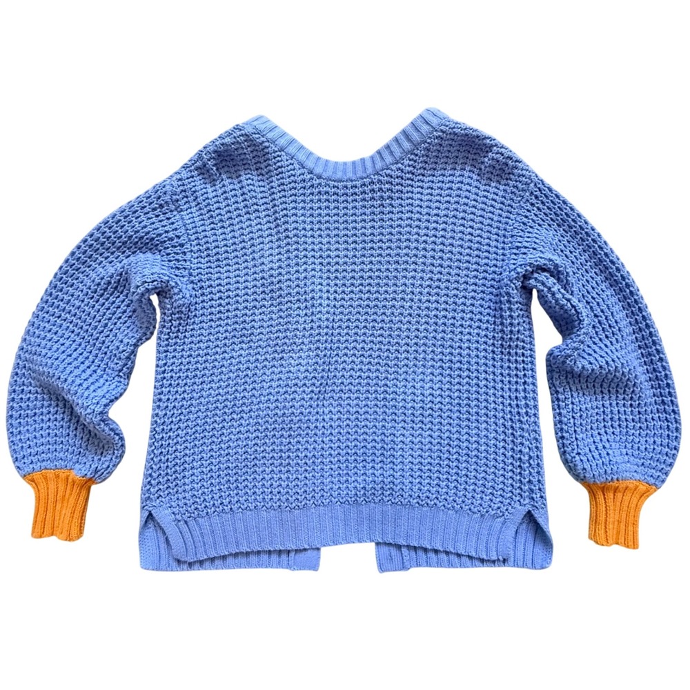 POPSUGAR Waffle Knit Cardigan Sweater Blue Mustard Yellow Cuffs Womens Medium - Picture 3 of 12